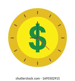 Vector icon concept of dollar coin clock time. Flat color.