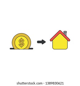 Vector icon concept of dollar money coin into black moneybox hole with yellow house. 