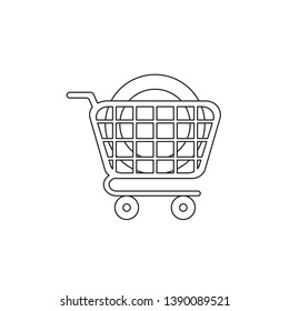 Vector icon concept of dollar money coin in shopping cart. Black outlines.