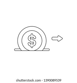 Vector icon concept of dollar money coin into moneybox hole. Black outlines.