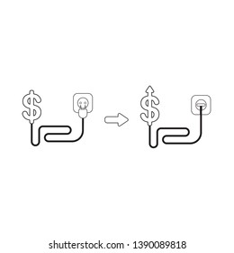 Vector icon concept of dollar symbol plugged into outlet and arrow moving up. Black outlines.