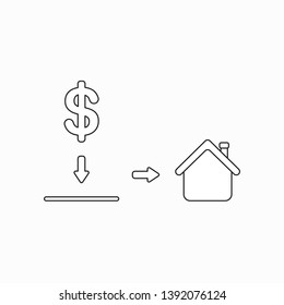 Vector icon concept of dollar symbol into moneybox hole and showing house. Black outlines.