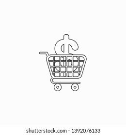 Vector icon concept of dollar symbol inside shopping cart. Black outlines.