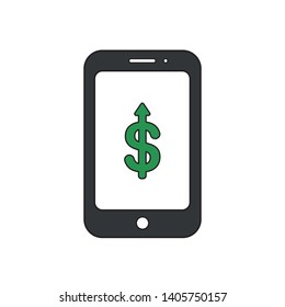 Vector icon concept of dollar symbol arrow moving up inside smartphone. Black outlines and colored.