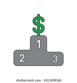Vector icon concept of dollar symbol on first place of winners podium. Black outlines and colored.