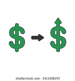 Vector icon concept of dollar symbol arrow moving up. Black outlines and colored.