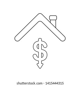 Vector icon concept of dollar symbol arrow down under house roof. Black outlines, white background.