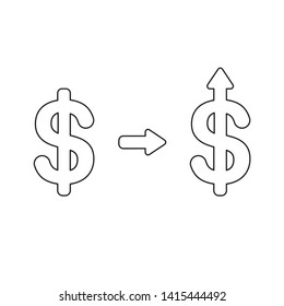 Vector icon concept of dollar symbol arrow up. Black outlines, white background.