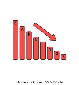 Vector icon concept of earnings sales bar graph moving down. Black outlines and colored.