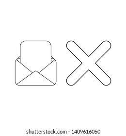 Vector icon concept of envelope and blank paper with x mark. Black outlines.