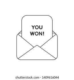 Vector icon concept of envelope with you won on paper. Black outlines.