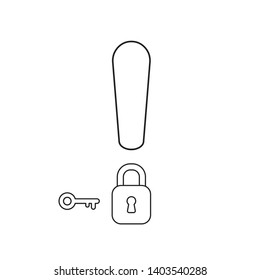 Vector icon concept of exclamation mark wit closed padlock and key. Black outlines.