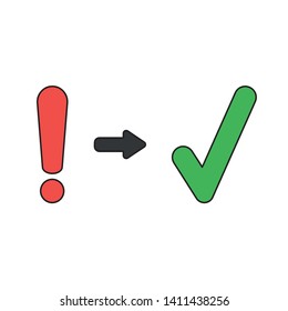 Vector icon concept of exclamation mark with check mark. Black outlines and colored.