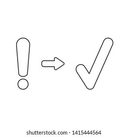 Vector icon concept of exclamation mark and check mark. Black outlines, white background.
