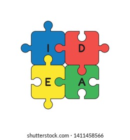 Vector icon concept of four idea jigsaw puzzle pieces connected. Black outlines and colored.