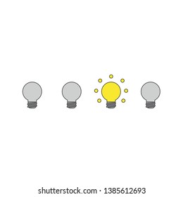 Vector icon concept of four light bulbs and one of them turn on and glowing. Black outlines and colored.