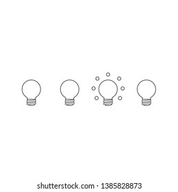 Vector icon concept of four light bulbs and one of them glowing. Black outlines.