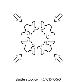 Vector icon concept of four part jigsaw puzzle gear pieces connect. Black outlines.
