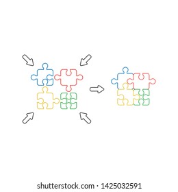 Vector icon concept of four part puzzle pieces connected. White background and colored outlines.