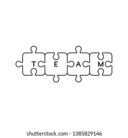 Vector icon concept of four puzzle pieces connected and team word written. Black outlines. 