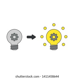 Vector icon concept of gear inside grey light bulb and glowing. Black outlines and colored.
