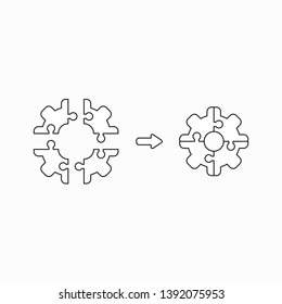 Vector icon concept of gear shaped puzzle pieces connecting. Black outlines.