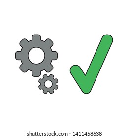 Vector icon concept of gears with check mark. Black outlines and colored.