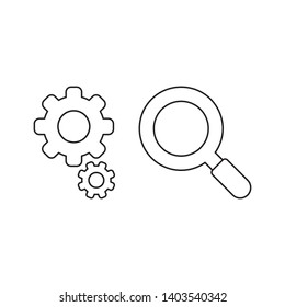 Vector icon concept of gears with magnifier. Black outlines.