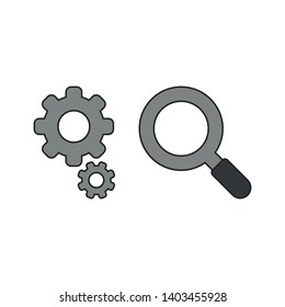 Vector icon concept of gears with magnifying glass. Black outlines and colored.