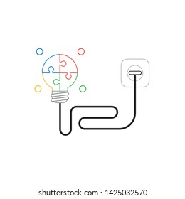 Vector icon concept of glowing four part puzzle light bulb with cable plugged into outlet. White background and colored outlines.