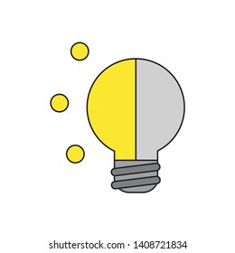Vector icon concept of glowing and grey light bulb. Black outlines and colored.