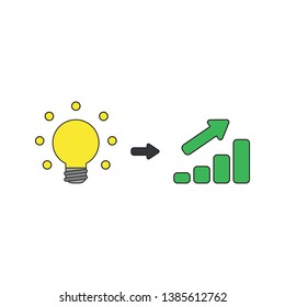Vector icon concept of glowing yellow light bulb idea with green sales bar chart moving up. Black outlines and colored.