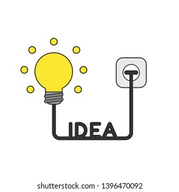 Vector icon concept of glowing yellow light bulb with idea cable abd plug plugged into outlet. Black outlines and colored.