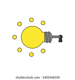 Vector icon concept of glowing yellow light bulb key inside keyhole. Black outlines and colored.