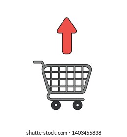 Vector icon concept of green arrow moving up shopping cart. Black outlines and colored.