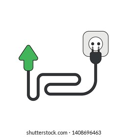 Vector icon concept of green arrow with cable, plug and outlet. Black outlines and colored.