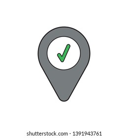 Vector icon concept of green check mark inside map pointer. 