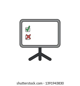 Vector icon concept of green check mark and red x mark inside presentation board. 