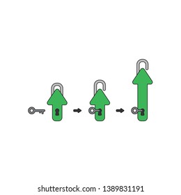 Vector icon concept of green closed arrow padlock icon keyhole, key unlock and arrow moving up. 