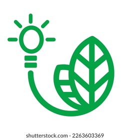 Vector icon for the concept of green idea, light bulb connects with leaves, graphic design symbolic for green idea, one colour on white background.