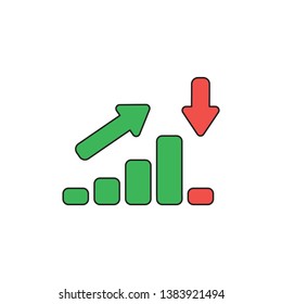 Vector icon concept of green sales bar chart moving up then moving down with arrows pointing up and down. Black outlines and colored.
