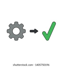 Vector icon concept of grey gear with green check mark. Black outlines and colored.