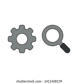 Vector icon concept of grey gear with magnifying glass. Black outlines and colored.