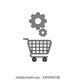 Vector icon concept of grey gears over shopping cart. 