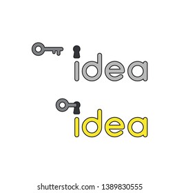 Vector icon concept of grey idea word with keyhole and key unlock, idea word becomes yellow. 