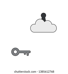 Vector icon concept of grey key reach keyhole on cloud. Black outlines and colored.