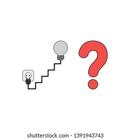 Vector icon concept of grey light bulb with staircase shaped cable and plug, outlet and red question mark. 