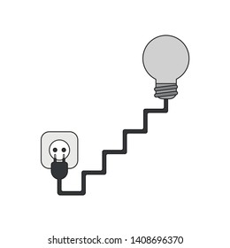 Vector icon concept of grey light bulb with stairs cable, plug and outlet. Black outlines and colored.