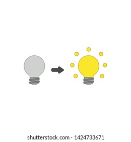 Vector icon concept of grey light bulb and glowing light bulb, bad and good ideas. Colored outlines.