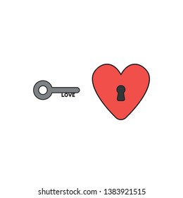Vector icon concept of grey love key and red heart with black keyhole. Black outlines and colored.